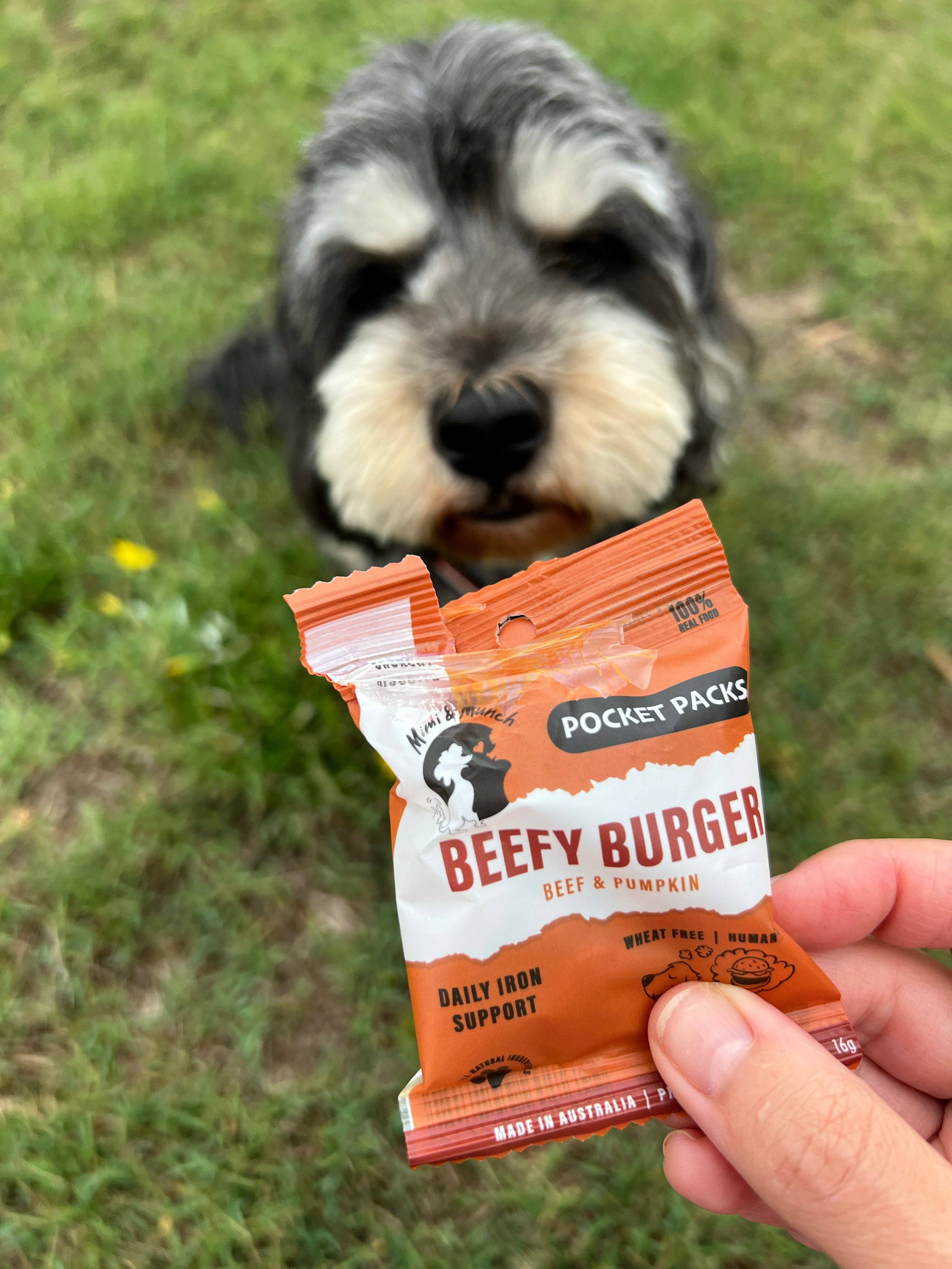 Mimi & Munch Beefy Burger Natural Dog Treats - Pocket Packs